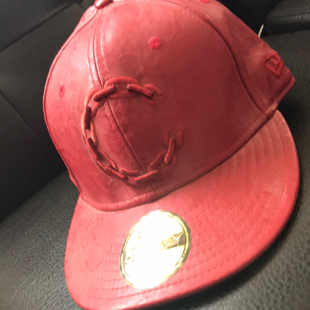 C&C Red LeatherLike Hat size 7 1/4